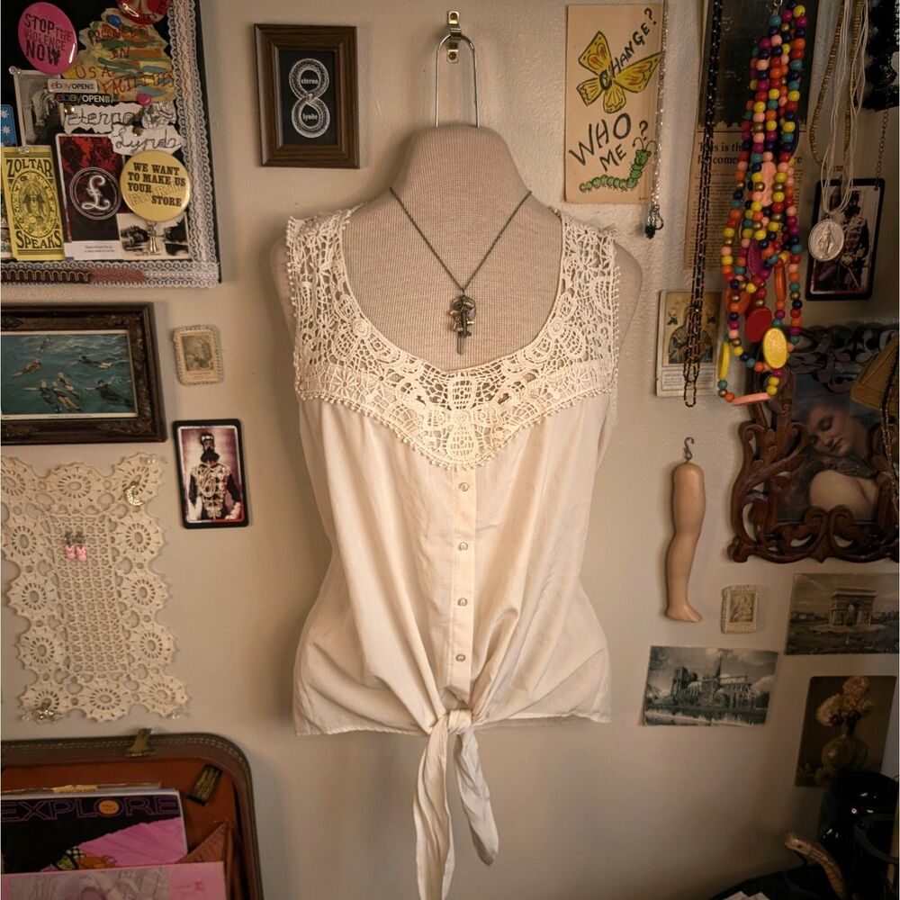 Vintage Crochet Tie Blouse Women's Small Cream